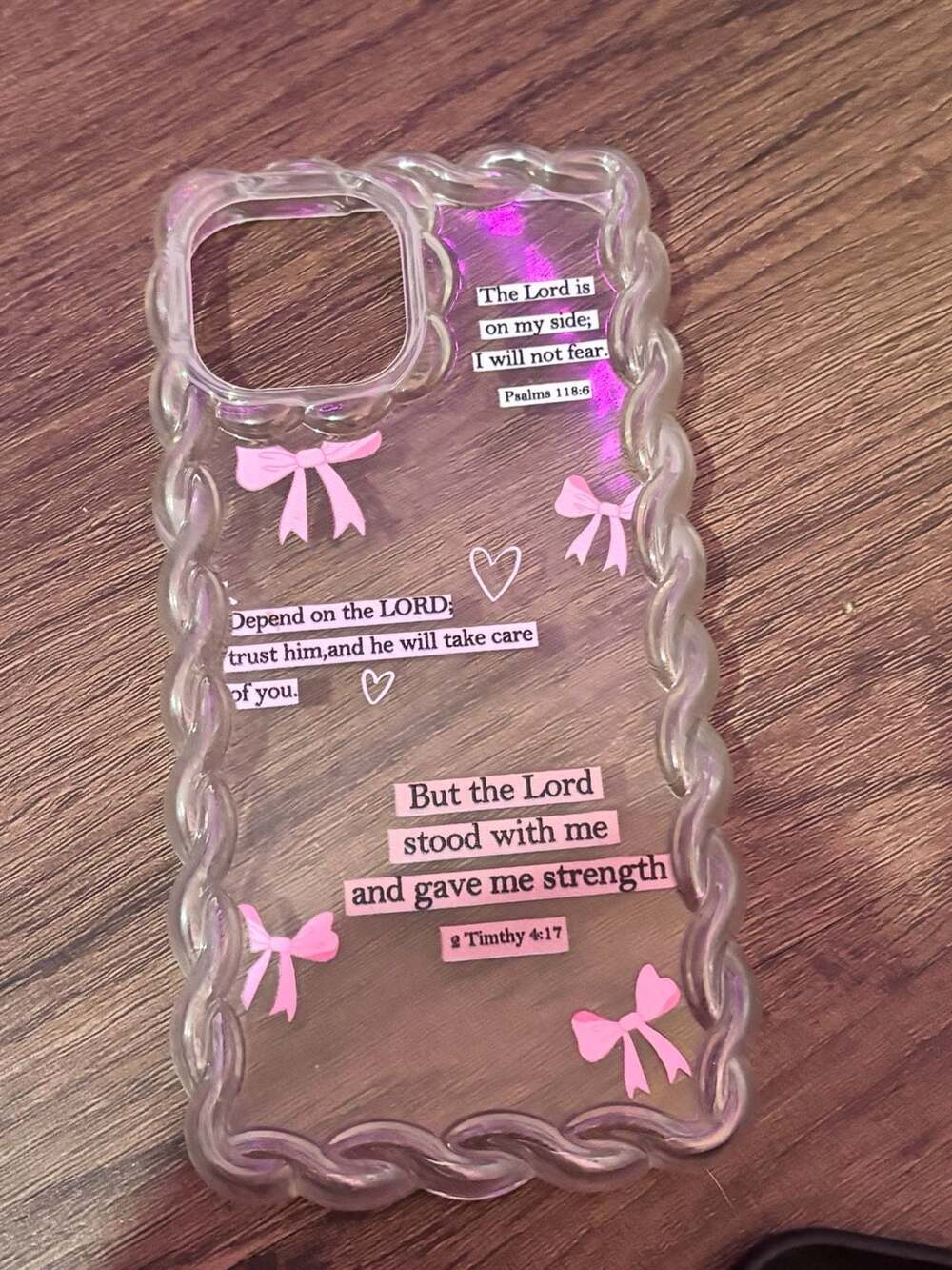 Christian Quote Pink Bow Decor Transparent Wavy Silicone 15 iPhone Case